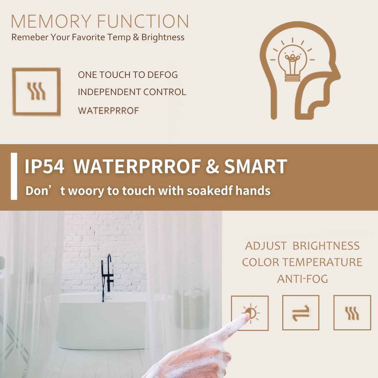Led Lighted Bathroom Mirror Dimming Bathroom Vanity Mirror Touch Switch, Memory Function, Defogger, Wall Mirror with Lights (Horizontal or Vertical)
