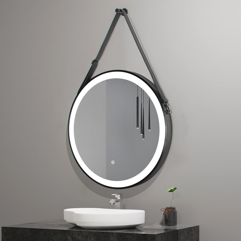 Round Black Framed Vanity Mirror, Belt Hanging