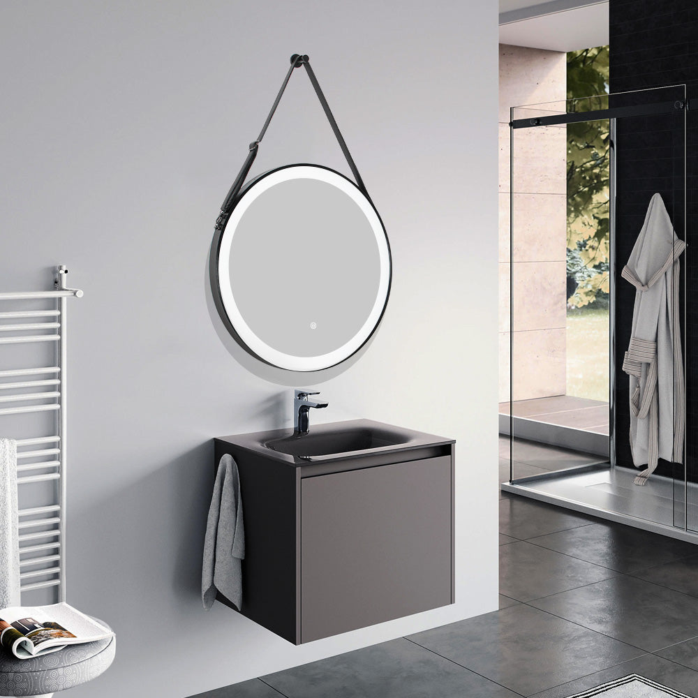 Round Black Framed Vanity Mirror, Belt Hanging