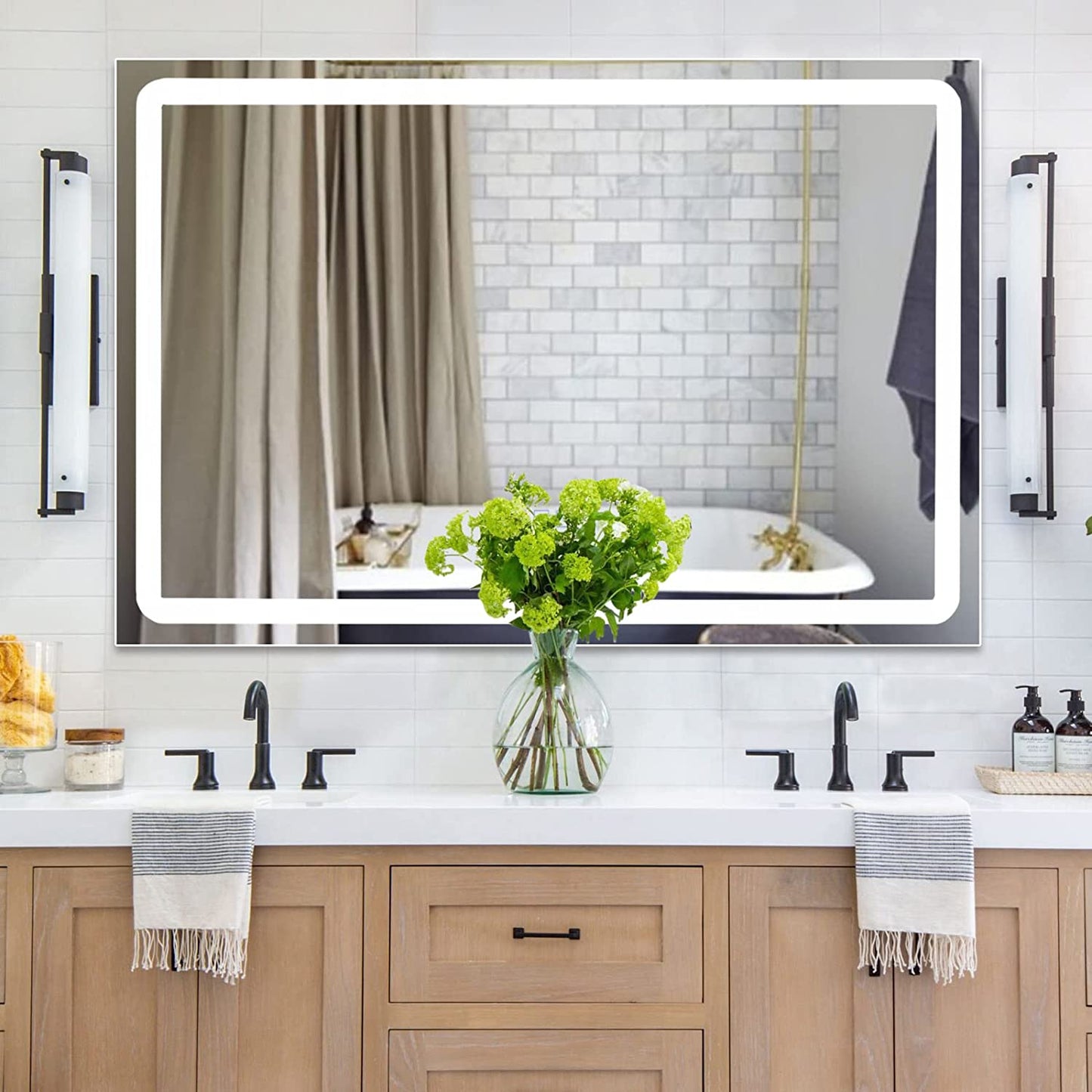 Led Lighted Bathroom Mirror Dimming Bathroom Vanity Mirror Touch Switch, Memory Function, Defogger, Wall Mirror with Lights (Horizontal or Vertical)