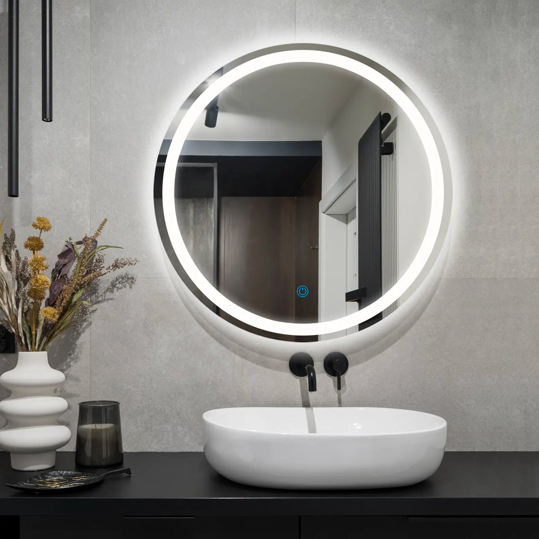 Round frameless LED bathroom vanity mirror with anti-fog