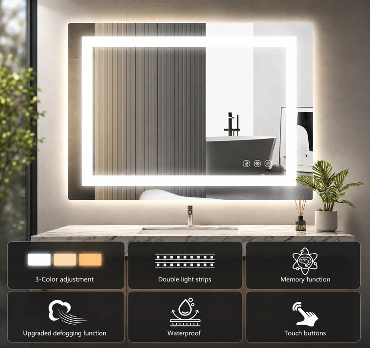 24"x 32" Smart Anti-Fog LED Bathroom Mirror with Lights and Front Light & Backlit, 3 Color Temperatures, Dimmable, Memory Function, Rectangle Modern Vanity Mirror