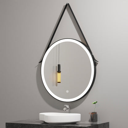 Round Black Framed Vanity Mirror, Belt Hanging
