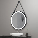 Black framed round LED mirror with hanging belt and anti-fog
