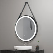 Round Black Framed Vanity Mirror, Belt Hanging