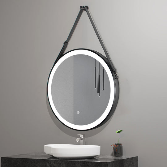 Round Black Framed Vanity Mirror, Belt Hanging