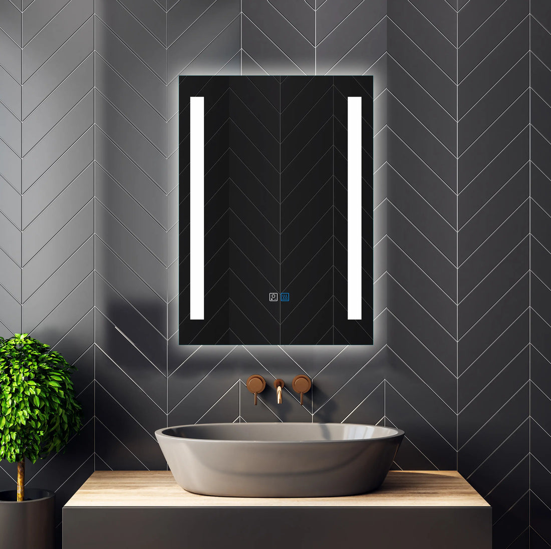 Dual-strip frameless LED bathroom mirror with anti-fog defogger