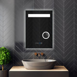 Magnifying smart LED bathroom mirror with time display and anti-fog