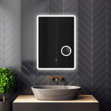 Frameless LED bathroom mirror with magnifying zone and anti-fog