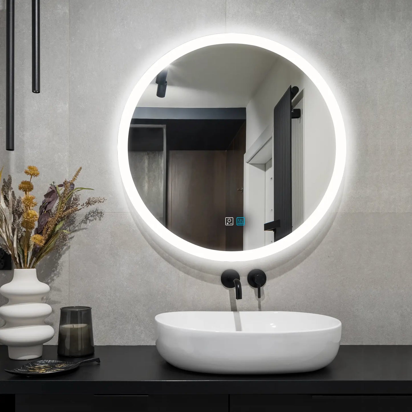 Round Bathroom Vanity Mirror with Lights, Defogger