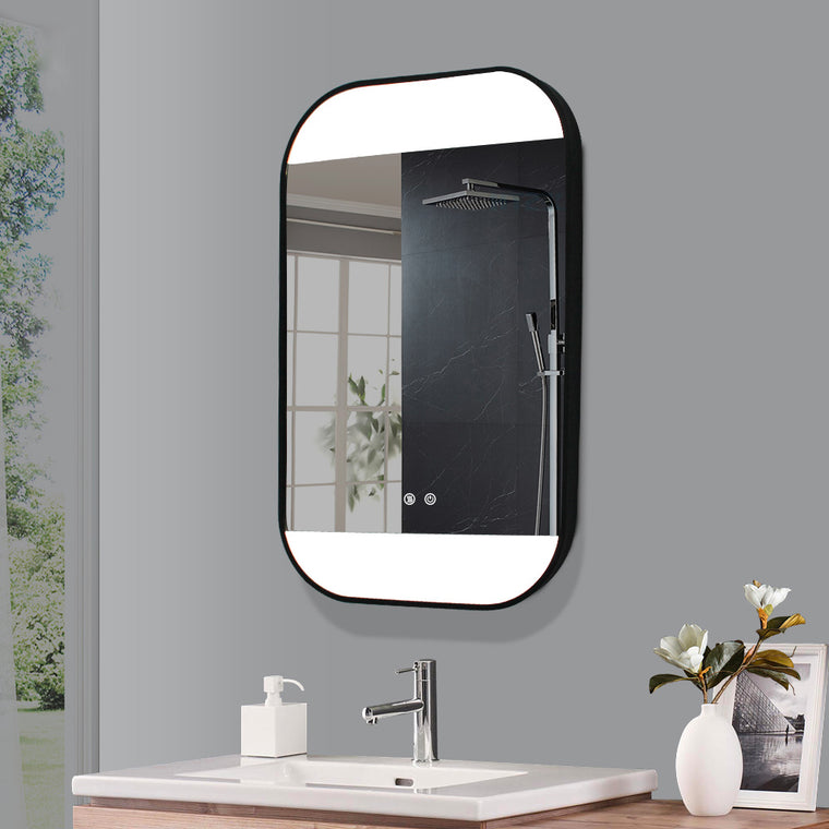 Black framed LED bathroom mirror 20x32 with anti-fog defogger