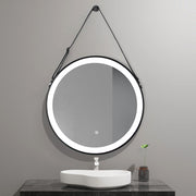 Round Black Framed Vanity Mirror, Belt Hanging