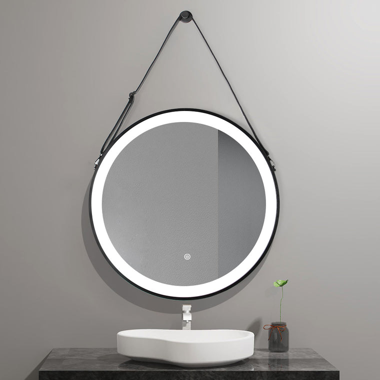 Black framed round LED mirror with hanging belt and anti-fog