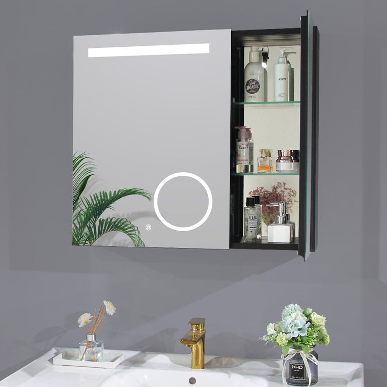 LED medicine cabinet mirror with magnifying and double glass door, 30x26