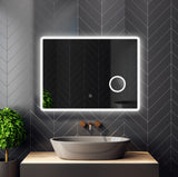 Frameless LED bathroom mirror with magnifying zone and anti-fog