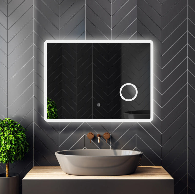 Frameless LED bathroom mirror with magnifying zone and anti-fog