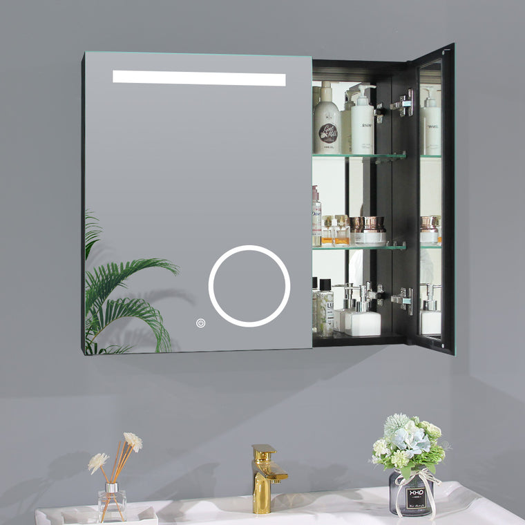 LED medicine cabinet mirror with magnifying and double glass door, 30x26