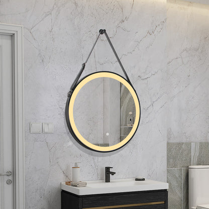 Round Black Framed Vanity Mirror, Belt Hanging