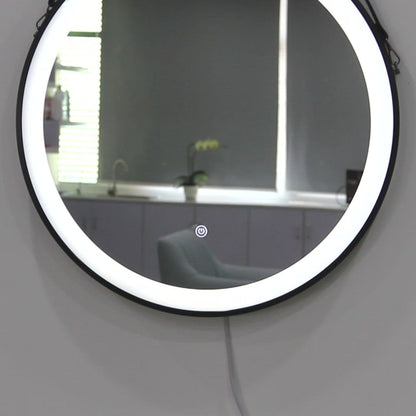 Round Black Framed Vanity Mirror, Belt Hanging