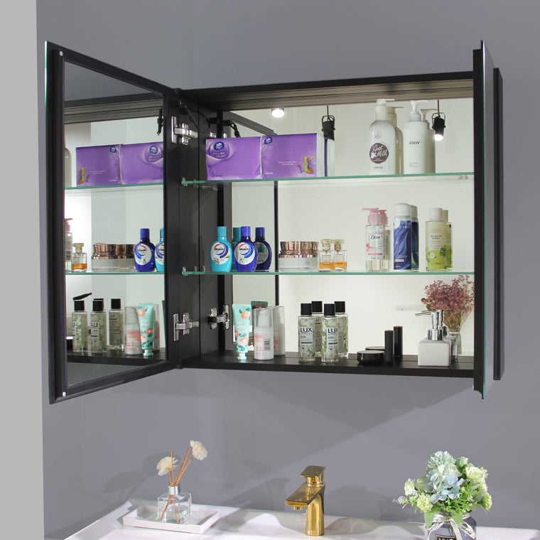 LED medicine cabinet mirror with magnifying and double glass door, 30x26
