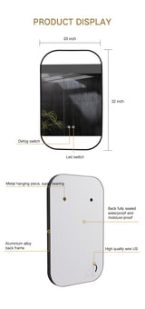 Black framed LED bathroom mirror 20x32 with anti-fog defogger
