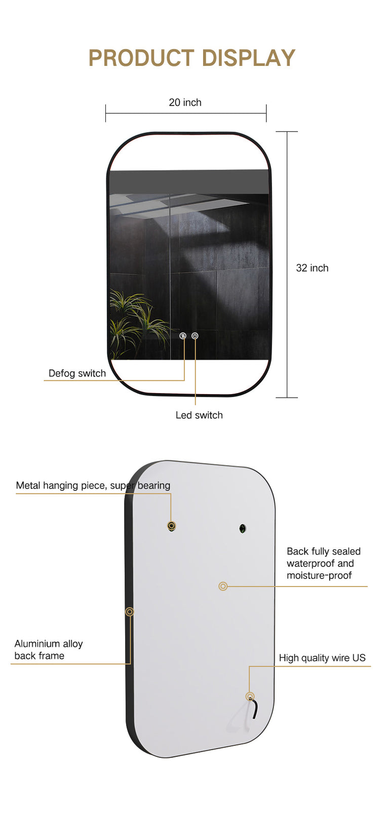 Black framed LED bathroom mirror 20x32 with anti-fog defogger