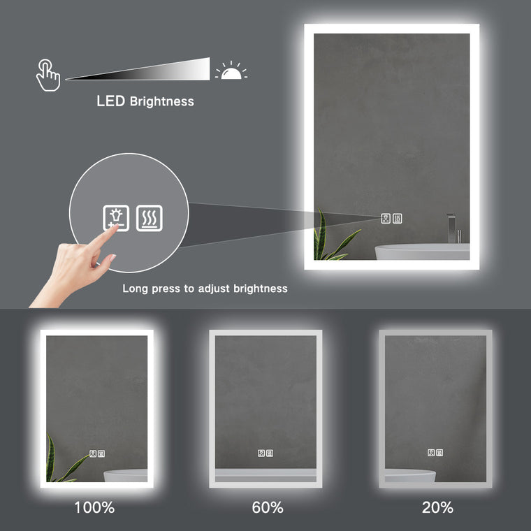 Frameless LED bathroom mirror with anti-fog, horizontal or vertical