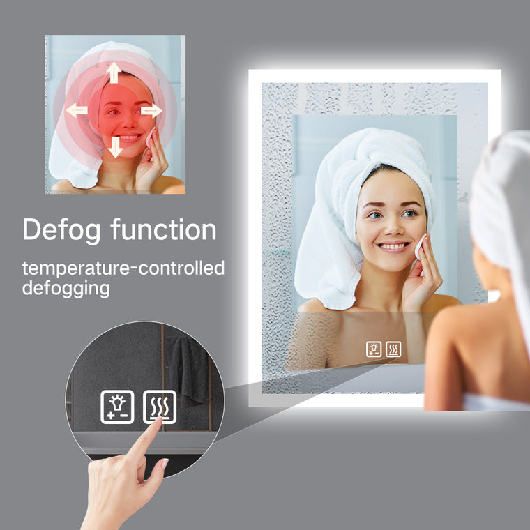 Frameless LED bathroom mirror with anti-fog, horizontal or vertical