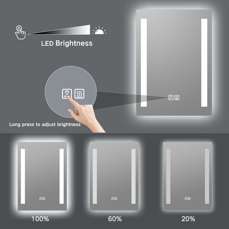 Dual-strip frameless LED bathroom mirror with anti-fog defogger