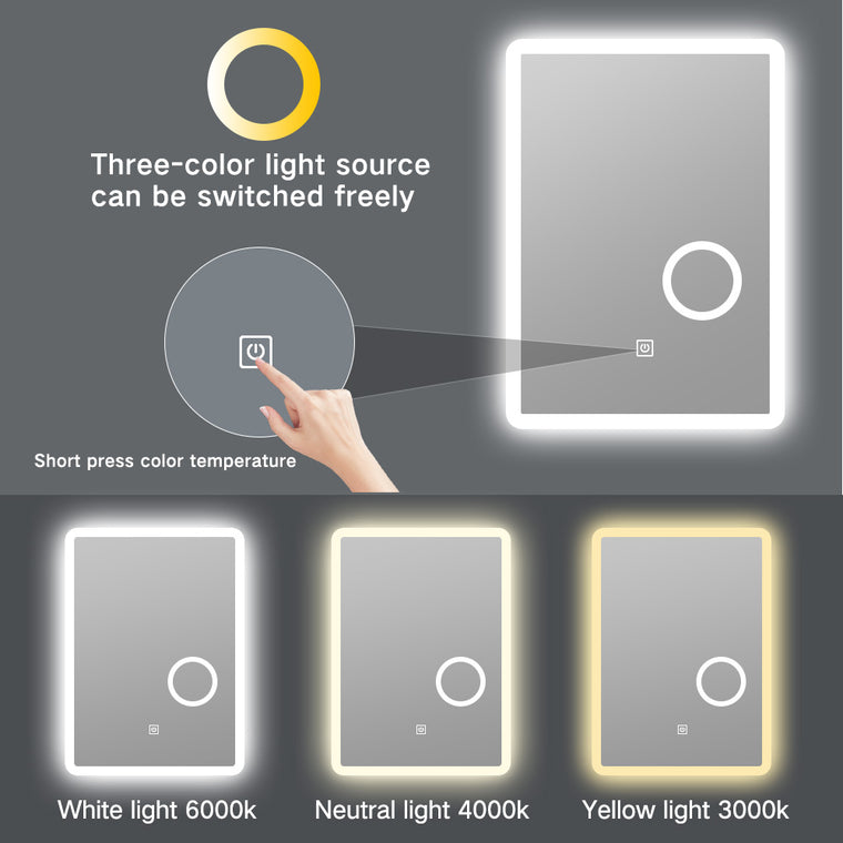 Frameless LED bathroom mirror with magnifying zone and anti-fog