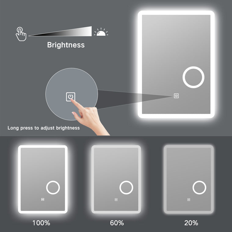 Frameless LED bathroom mirror with magnifying zone and anti-fog