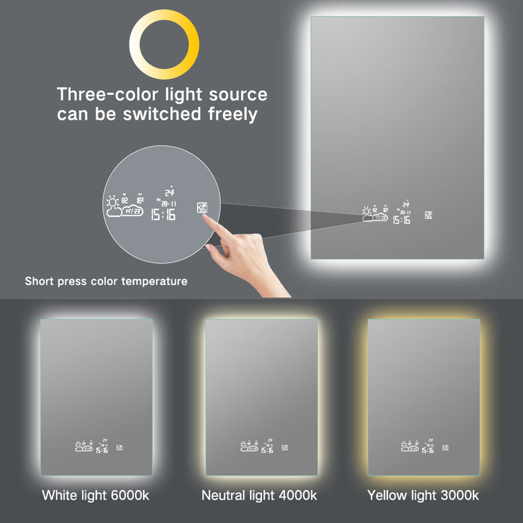 Smart LED bathroom mirror with time, temperature and calendar display