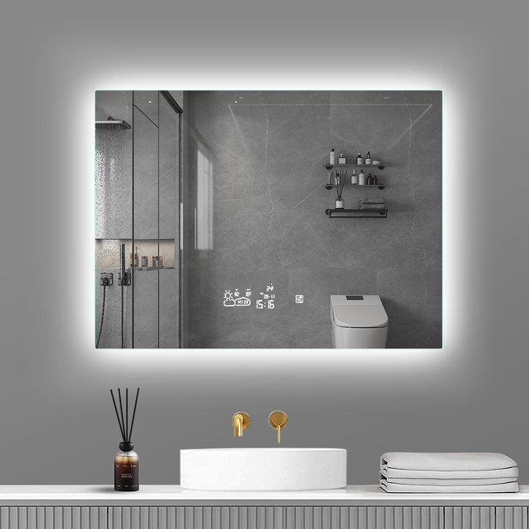 Smart LED bathroom mirror with time, temperature and calendar display