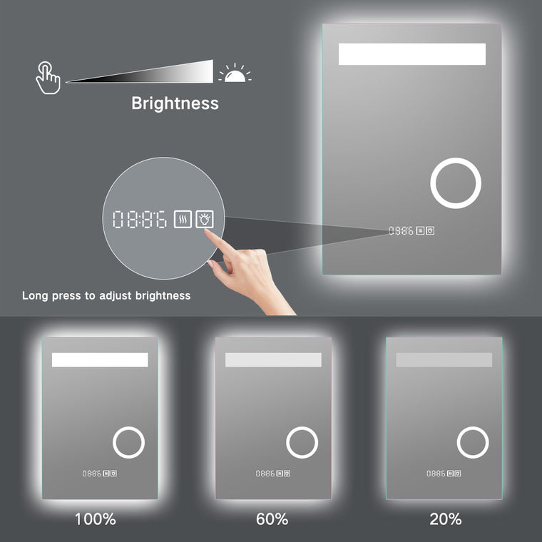 Magnifying smart LED bathroom mirror with time display and anti-fog