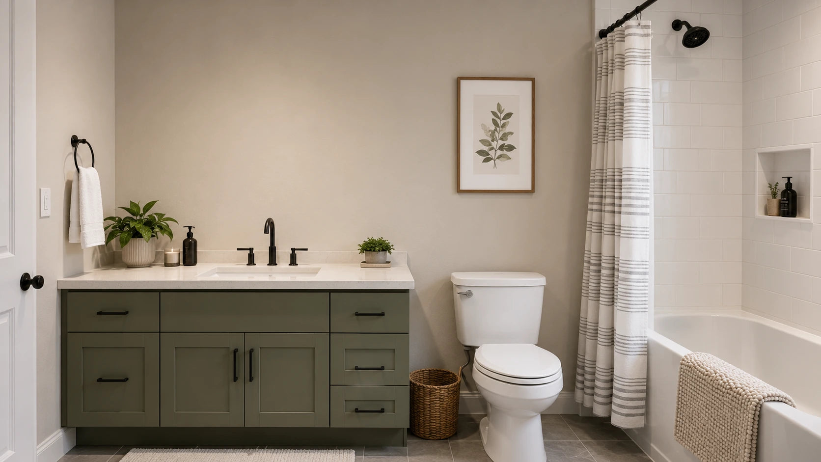 Everyday bathroom with a TACOVICI round LED mirror above the vanity